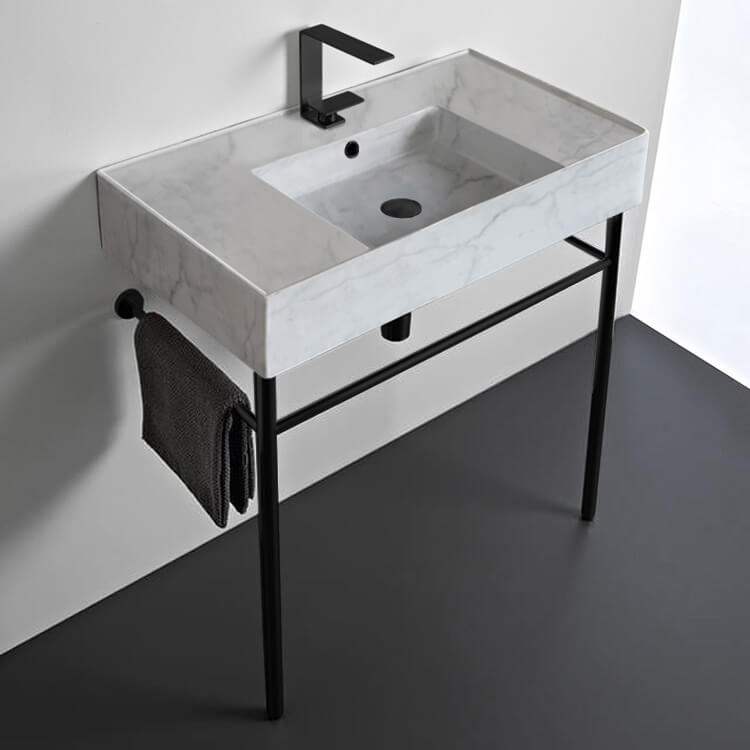 Console Bathroom Sink, Scarabeo 5123-F-CON-BLK, Marble Design Ceramic Console Sink and Matte Black Stand